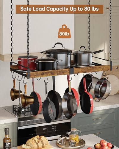 Creso Hom Vintage Hanging Pot Rack - 31.5x15.75 Inches with 15 S-Shaped Hooks for Kitchen Storage, Rustic Ceiling Mounted Cookware Holder - Image 2