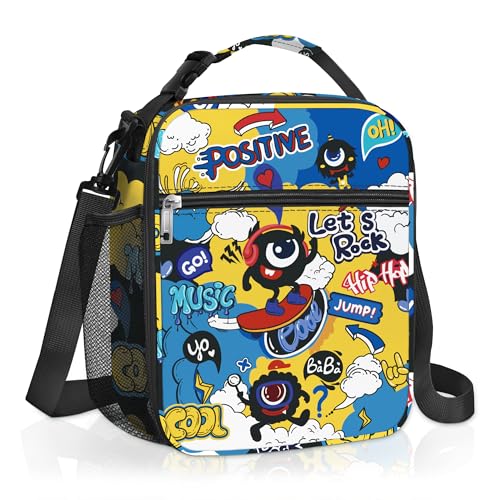Clastyle Monster Insulated Kids Lunch Bag Large Thermal Cooler Bag for Boy Picnic School Lunch Box Tote,Blue Comic