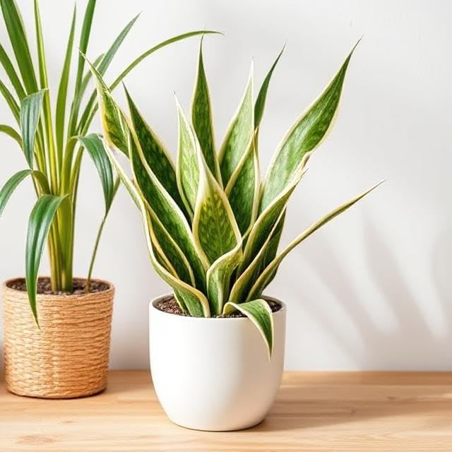 Snake Plant in White Ceramic Pot, Indoor Decorative Plant, Green and Yellow Variegated Leaves (Pack of 1) A_19-image-40
