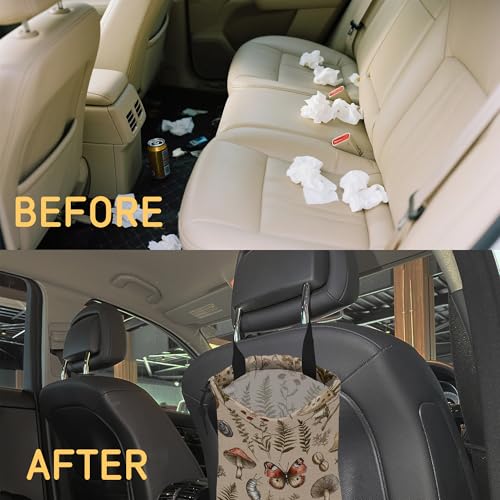 Image of Retro Mushrooms Car Trash Bag,Nature Woodland Strap Drawstring Car Garbage Bags,Car Back Seat Organizer with Adjustable Buckle for Car Accessories