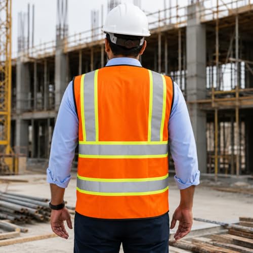 Image of VRITRAZ Unisex High Visibility Reflective Safety Vest | Multi-Pocket Safety Workwear Jacket for Construction Workers, Engineers, Security Guards, Factory & Road Safety Use