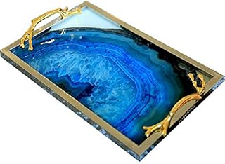 ZCQBCY Nordic Light Luxury blue agate Pattern decorative home furnishing Metal Frame with Handle Glass ornament Dining room table tray Decoration Storage Supplies tray,Rect