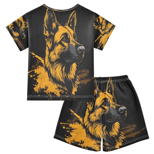 ALAZA Yellow Puppy Dog Black Pajamas Set Short Sleeve Cotton Sleepwear Summer Pjs 2 Piece 5-14Y2