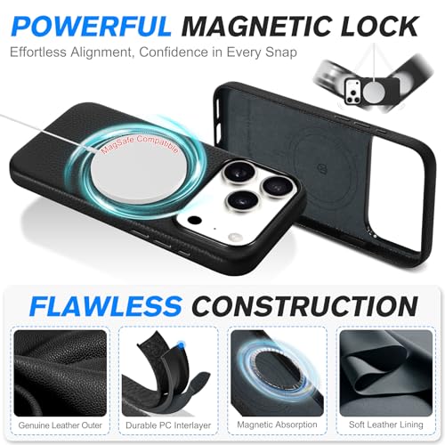 Image of SHIELDON Genuine Leather Case for iPhone 17 Pro 6.3 inch 2025, Pebbled Black | Compatible with MagSafe, Magnetic Wireless Charging, Camera Button, Metal Buttons, Camera Bezel, Slim, Shockproof, Women Men