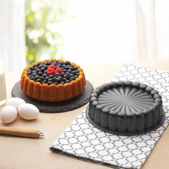 Döküm Gövdeli Keskin Tart ve Kek Kalıbı 23 cm, Dilimli, Siyah Granit Benekli, Dayanıklı Alüminyum Alaşım