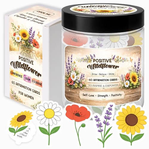 Positive Affirmations Cards for Women Positive Wildflower Jar with 60 Daily Cards Sunflower Daisy Lavender Poppy Encouragement Gift for Mom Sister Friend Birthday Stress Relief Desk Decor Gifts