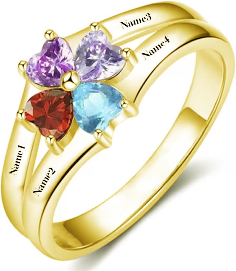 10k 14k 18k Solid Gold Personalized Mothers Name Rings with 2-6 CZ Birthstone, Real Gold Customized Name Rings for Mom Jewelry Gifts for Mothers Day Birthday