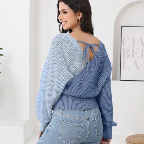 Image of Women's Wrap V Neck Knit Sweaters Batwing Long Sleeve Cross Front Drop Shoulder Fall Pullover Tops