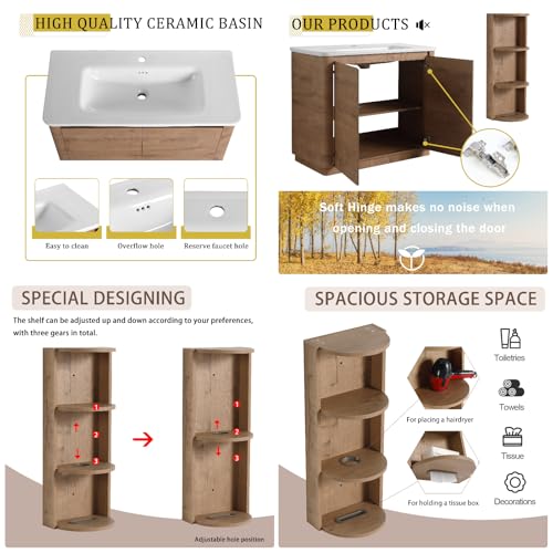 Image of 40 inch Bathroom Vanity with Ceramic Sink, Freestanding Bathroom Vanity with 2-Soft-Close Door, Semicircle Storage Rack & Inside Adjustable Shelves for Home, Farmhouse Floor Mount Vanity, Oak