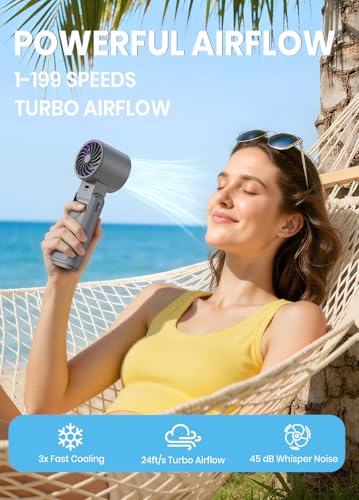 Image of Portable Handheld Turbo Fan, 1-199 Speed Adjustable with LED Display, High-Power Motor, Rechargeable Battery, 4 IN 1 Pocket Design Mini Fans for Indoor /Outdoor /Travel /Work, Grey Purple