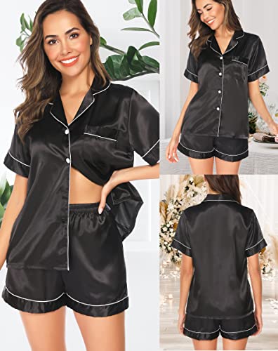Image of Vlazom Womens Silk Pajamas, Short Sleeve Satin 2 Piece Pj Sets Button-Down Sleepwear Loungewear Pjs Shorts Set S-XXL