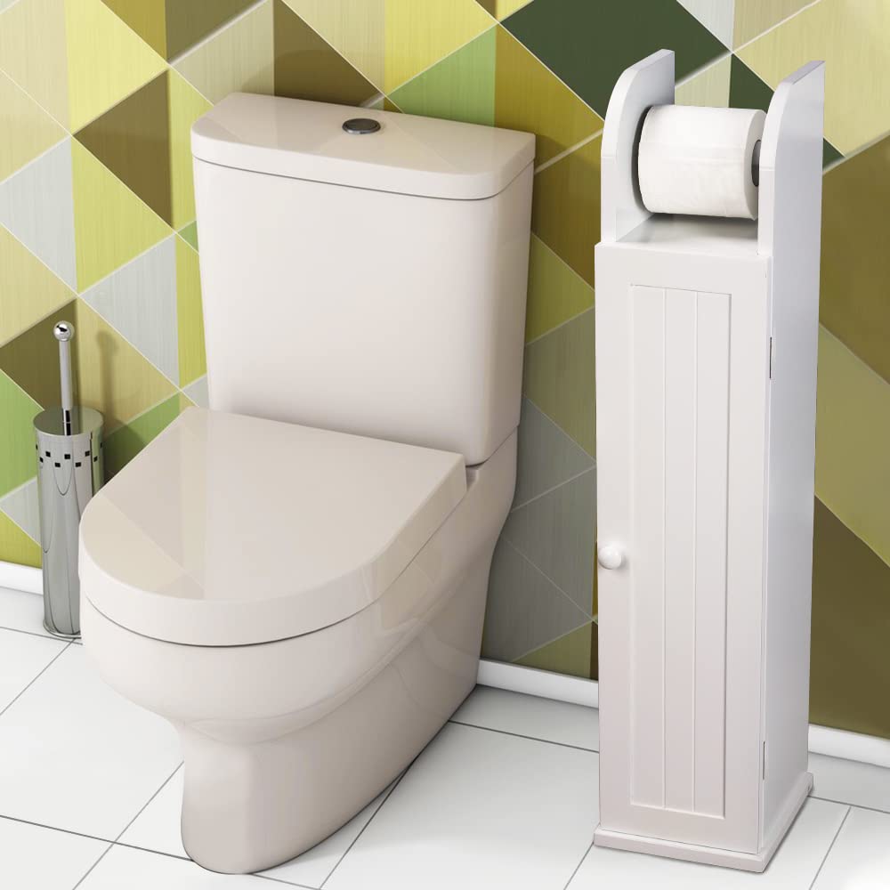 RukulinWooden Toilet Paper Holder Stand Cabinet Bathroom Storage Cabinet Corner Floor Standing Cabinet Shelf with Door(White)
