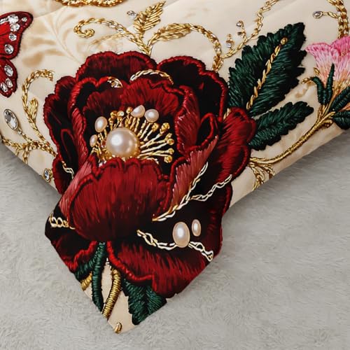 Image of AILONEN Butterfly Floral Comforter Set for Women Girls Adults Decor Full Size,Red Gold Gemstone Bedding Sets,3-Piece,1 Quilt with 2 Pillowcases,Soft Breathable