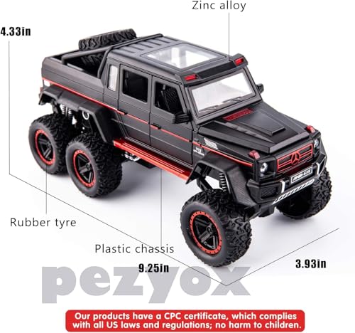 Image of 1 /22 Benz G63 AMG 6x6 V12 Off-Road Black Pickup Model Car, Zinc Alloy Pull Back Toy car with Sound and Light for Kids Boy Girl Gift (Black)