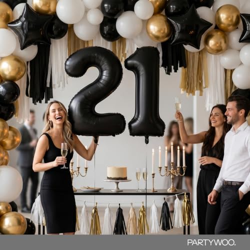 Image of PartyWoo Black Number 21 Balloon 40 Inch 25pcs Black Foil Star White Gold