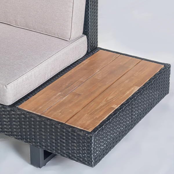 Image of DEVOKO 3 Pieces Patio Sectional Sofa All-Weather Outdoor Seating Sets with Wood Top Attach Side Table (Black and Cream)