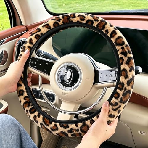 FOSDICK Lenkradbezug Leopardenmuster Lenkradhülle Plüsch Lenkrad Bezug Weich und Flauschig Bequem Lenkradhüllen Leopardenmuster Lenkradschutz Auto Zubehör Lenkradschoner Universal 38cm / 15 Zoll