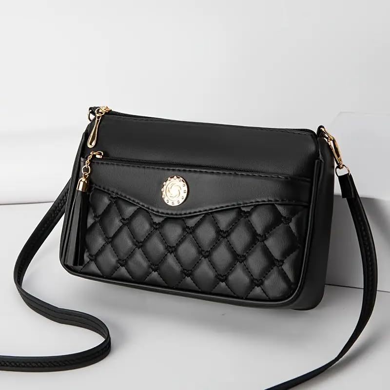 Image of SHAMRIZ Korean Style Quilted Sling Bag for Girls | Cute Heart Pattern Crossbody Purse with 3 Zipper Compartments | Fancy Tassel Side Bag for Party, Wedding & Gifts | Mini Slingbag /One Side Bag