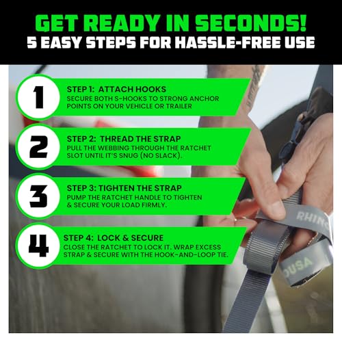 Image of Rhino USA Ratchet Straps Tie Downs (4-Pack) - 1 Inch x 15 Feet (1,823lb Break Strength) - Ultimate Tie Down Straps with Safety S Hooks - for Trucks, Cargo, Moving, Appliances - Grey