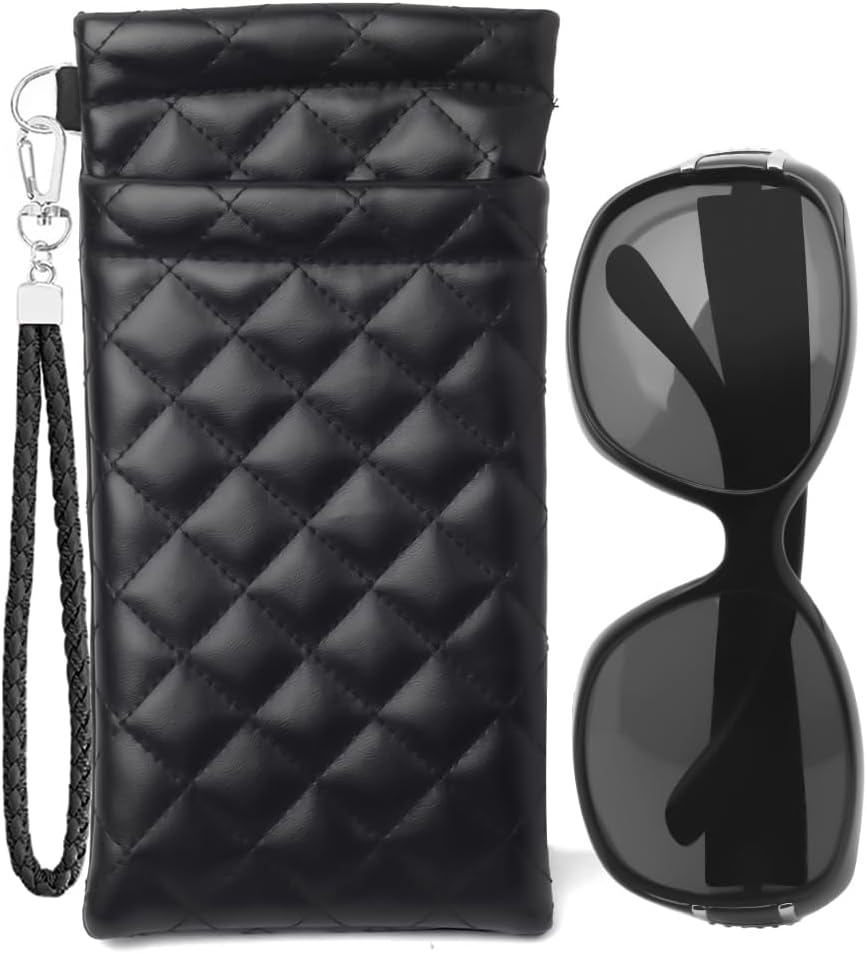 Double Eyeglass Case Squeeze Top Glasses Pouch, Leather Soft Sunglasses Case with Carrying Strap (Black) - Image 7
