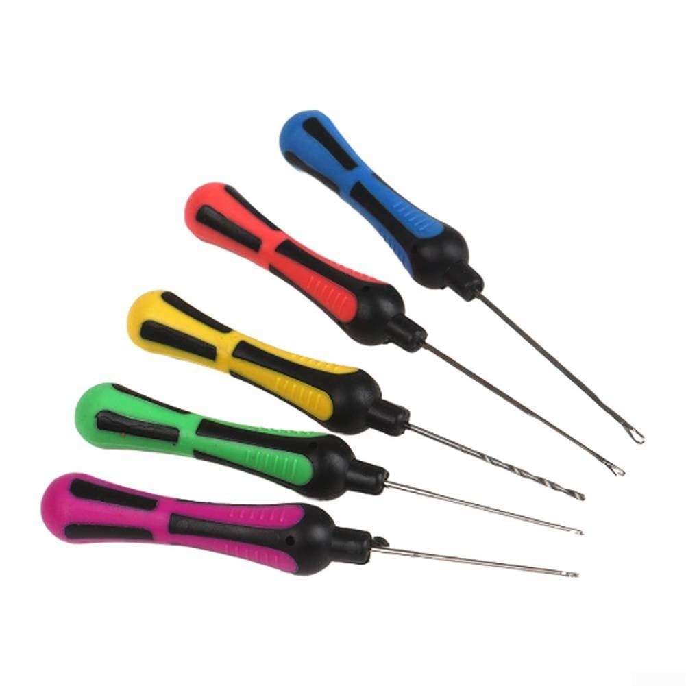 Carp Fishing Boilie Needle Set Kit With High Carbon Steel Drill Stix For Pellet Meat Bait Rigging Tool Five Piece Color Coded Handle Collection Purple Green Yellow Red Blue