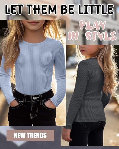 Image of 4 Pack Girls Long Sleeve Shirts Ribbed Knit Cotton Crewneck Tops Slim Fit Soft Casual Kids Base Layer Undershirts