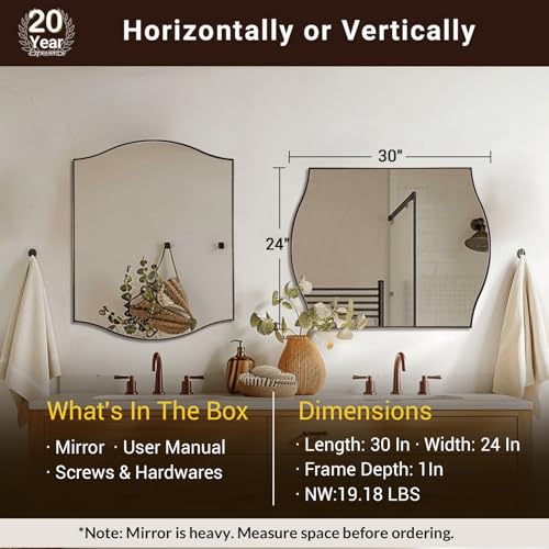 Image of ANDY STAR 24 inchx30 inch Scalloped Mirror for Bathroom,Brushed Bronze Rectangle Wall Mirror with Curved Edge Stainless Steel Metal Frame, Wall-Mounted Mirror for Bathroom, Entryway, Living Room