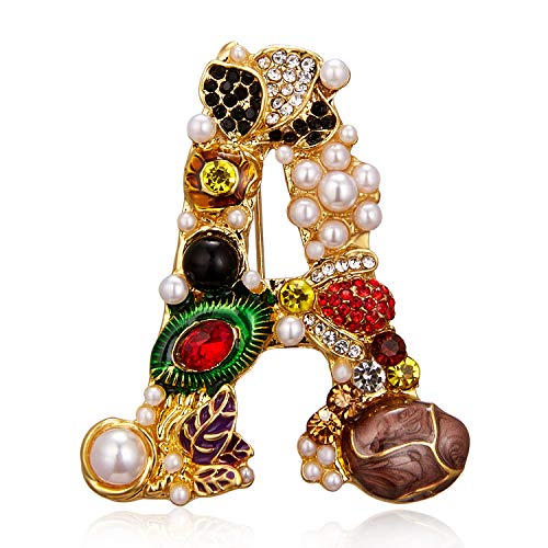 Image of Initial Brooch Pins A-Z 26 Letters Brooches For Women Colorful Enamel Alphabet Pin Pearl Crystal Lapel Pin