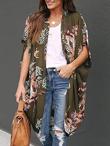 Ivay Womens Floral Kimono Duster Cardigans Short Sleeve Draped Oversized Beach Cover Up Cape3