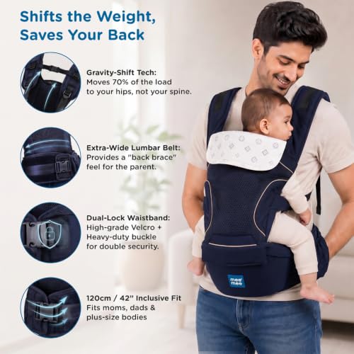 Image of Mee Mee Vistara Gold 6-in-1 Baby Sling Carrier with Hip Seat | Ergonomic Lumbar Support | Premium Gold Finish | Breathable Mesh Fabric | Adjustable & Secure for Newborns to Toddlers (Up to 15 kg, Darkblue)