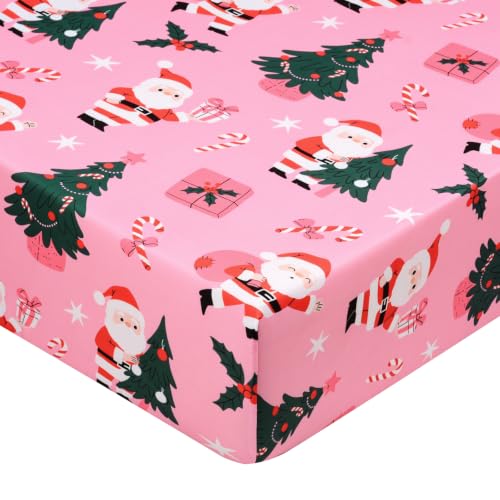 Image of Cloele Pink Christmas Fitted Crib Sheet,Santa Candy,52x28in