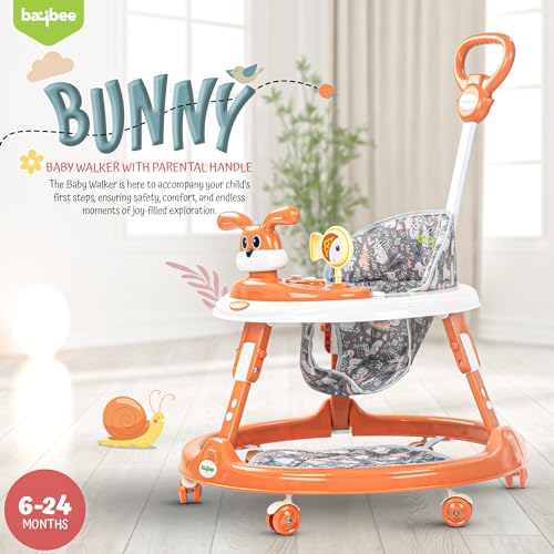Image of Baybee Bunny Pro 2-in-1 Baby Walker for Kids with Push Handle, 2-Level Height Adjustment, Mat & Musical Toy Bar | Activity Push Walker for Babies 6-18 Months (Orange)