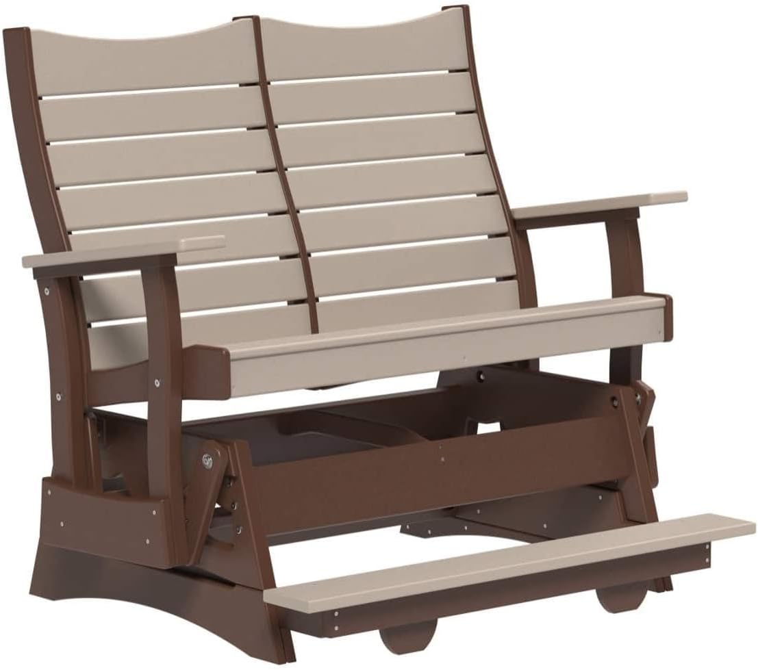 LuxCraft 4’ Contour Balcony Glider Bench – HDPE Poly Lumber Outdoor Patio Loveseat Glider, Weather Resistant Porch Seating, Smooth Glide Outdoor Bench (Weatherwood/Chestnut Brown)
