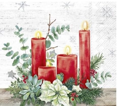 Set of 2 Paper LUNCH Decoupage Napkins CHRISTMAS RED CANDLES For Needlework Perfect For Birthday Holiday Wedding Cocktail Projects Premium Quality Exquisite Designs