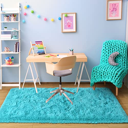 Kelarea Super Soft Shaggy Rug Fluffy Bedroom Carpets, 3x5 Feet Teal Blue, Modern Indoor Fuzzy Plush Area Rugs for Living Room Dorm Home Decorative Kids Girls Children's Floor Rugs - Thumbnail 2