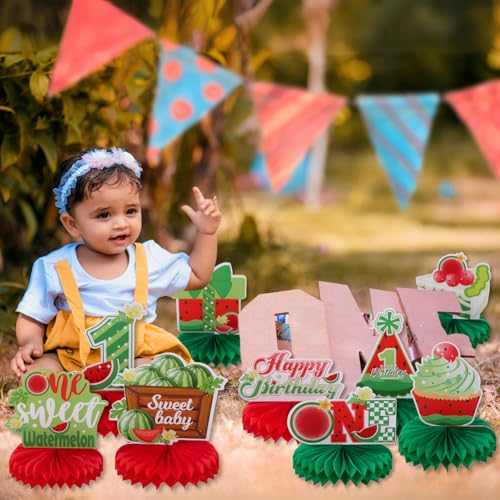 Image of 9pcs Watermelon First Birthday Honeycomb Centerpieces Sweet One Watermelon Party Table Decorations One in a Melon Tabletop Centerpieces for Baby Shower 1st Birthday Table Topper Sign Decorations
