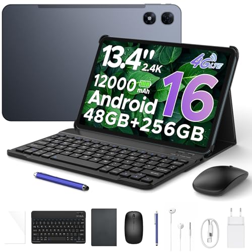 Luzglo P13 Pro Tablet 13.4 Pulgadas 120Hz Android 16, 48GB RAM + 256GB(TF 2TB) Tablet con Teclado y Lapiz, T7280 Octa-Core, 12000mAh/18W, 16MP+8MP, Gemini AI, Widevine L1, Face ID, Dual SIM 4G, Gris