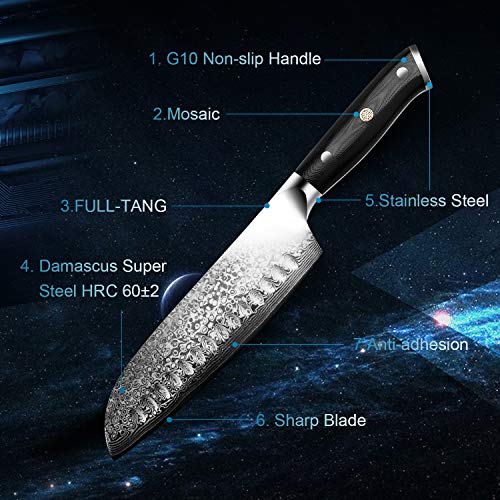 image for LEVINCHY Damascus Santoku Knife 7 inch Professional Japanese Damascus 