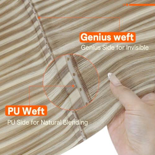 Image of Full Shine Butterfly Weft Hair Extensions Human Hair 16 Inch Highlights | 50G Honey Blonde Highlight Dirty Blonde, Thin Double Side Hairpiece, Seamless Micro Beads, Natural Volume, Blend Solution