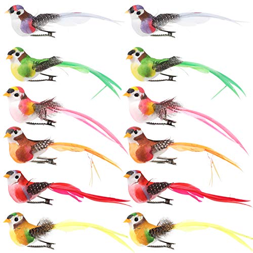 12 pájaros artificiales con plumas y clip, forma de espuma de , decoración de jardín, primavera, árbol de Navidad, miniatura, adornos de boda, color aleatorio