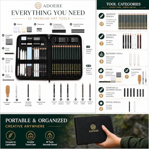 Image of Professional Sketching Kit with Sharpener & Zippered Carry Case - Complete Graphite, Charcoal & Shading Pencil Set for Beginners & Artists