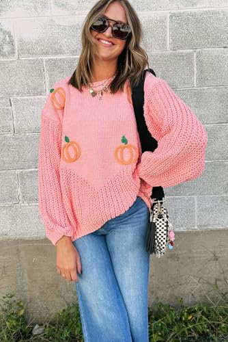 Urchics Womens Casual Sweater Blossom Pumpkin Embroidered Thanksgiving Sweater2