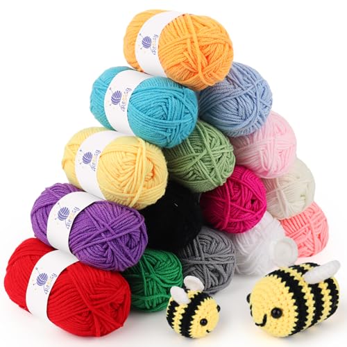 Reessy Crochet Yarn Set 375g(15 × 25g), Multi-Coloured Knitting Wool Acrylic Yarn for Beginners Learn to Crochet, Super Soft 4 Ply Yarn for Crochet Dolls Handcrafts