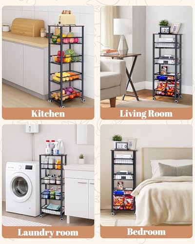 Image of Mythinglogic Kitchen Storage Cart, Tier Rolling Cart with Lockable Wheels, Kitchen Organizer Rack for Pantry, Living Room, Kitchen (16.74 inch D x 12.81 inch W x 43.51 inch H)