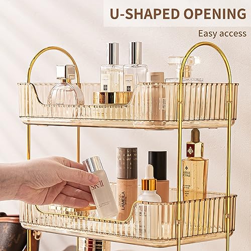 Image of Akinbas 2 Tier Bathroom Organizer Countertop Makeup Perfume Tray Skincare Organizer for Bathroom Dresser Vanity (Gold)