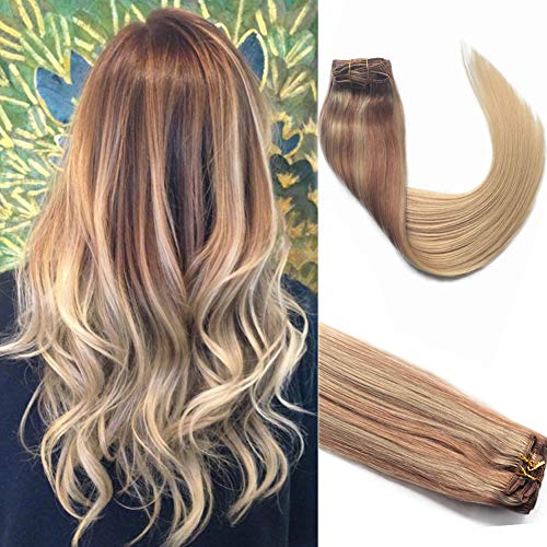 18inch Clip in Human Hair Extensions Ombre Blonde Hair Extensions Double Weft Full Head Straight Virgin Human Hair Extension Clip in 120g 7 Pieces for Women