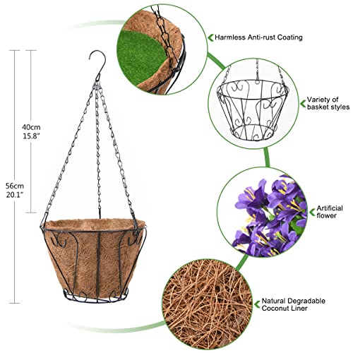 Inqcmy Artificial Hanging Violet Flowers In Basket For Patio Garden Decor,Artificial Hanging Vine Plant In Basket,Coconut Lining With Flower For The Decoration Of Outdoor And Indoor(Purple) #TOP5