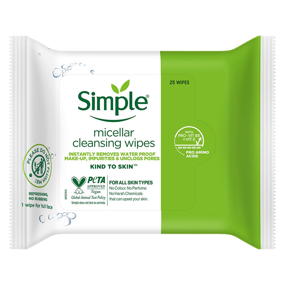 Simple Kind To Skin Micellar Cleansing Wipes 25 wipes | Instantly Removes Water Proof Make-Up, Impurities & Unclogs Pores | Super Soft Face Wipes with Gentle Cleansers & Multivitamins-image-15