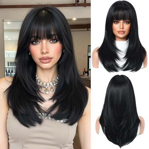 OUFEI Pelucas Negras para Mujeres Peluca Larga y Lisa de Largo Medio con Flequillo Pelo Sintético Pelucas Resistentes al Calor para Uso Diario Fiesta Cosplay