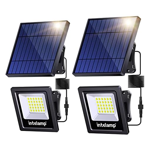 intelamp Solar Flood Lights, 2 Pack Outdoor Solar Security Light Dusk to Dawn Auto On/Off IP65 Waterproof Solar Powered Lights for Flag Porch Balcony Yard Garage Barn Garden